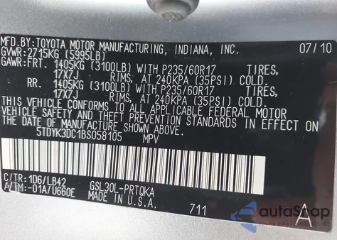 2011 Toyota Sienna Xle V6 from USA, damaged, VIN 5TDYK3DC1BS058105